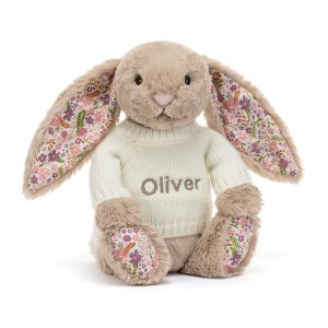 Blossom Beige Bunny 'Petal' with Personalised Cream Jumper