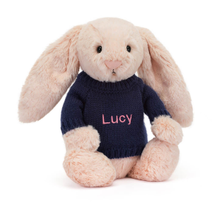 Bashful Blush Bunny with Personalised Navy Jumper