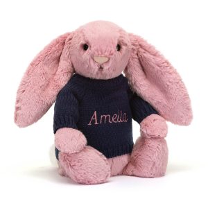 Bashful Tulip Pink Bunny with Personalised Navy Jumper