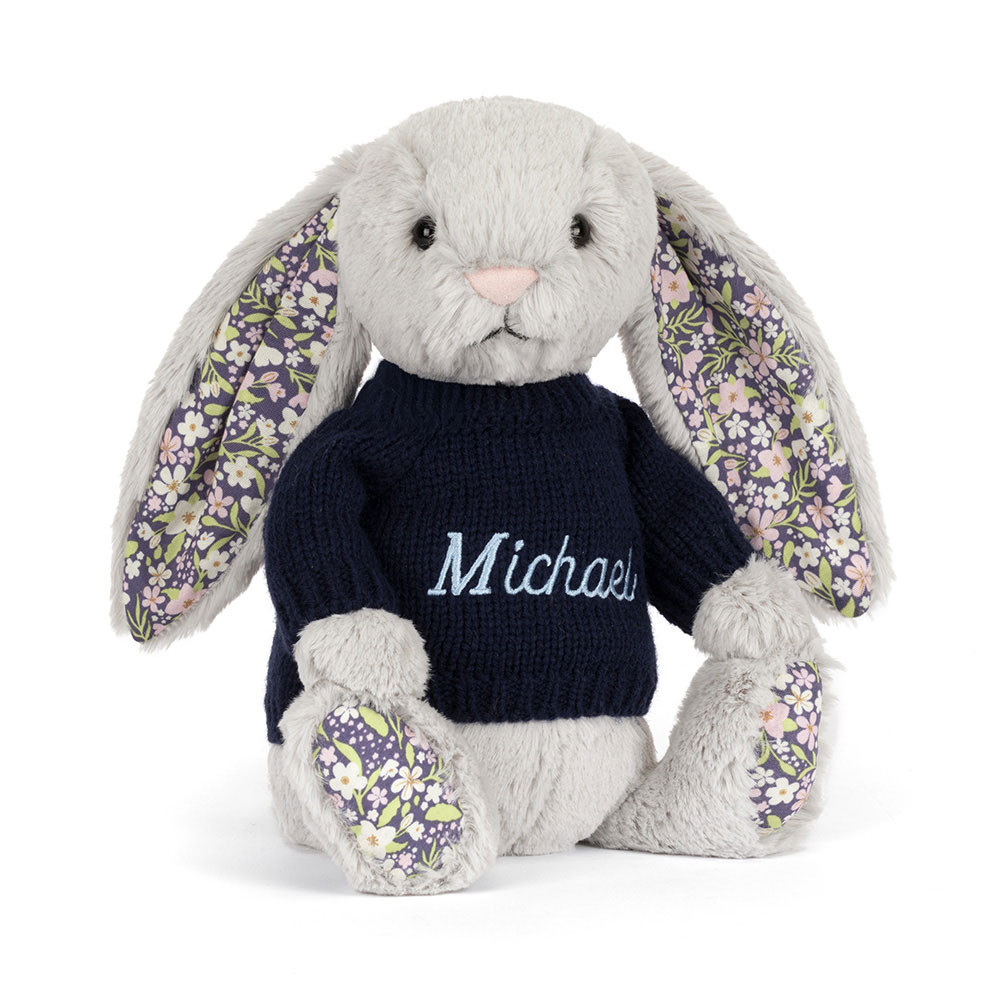 Blossom Silver Bunny 'Bloom' with Personalised Navy Jumper